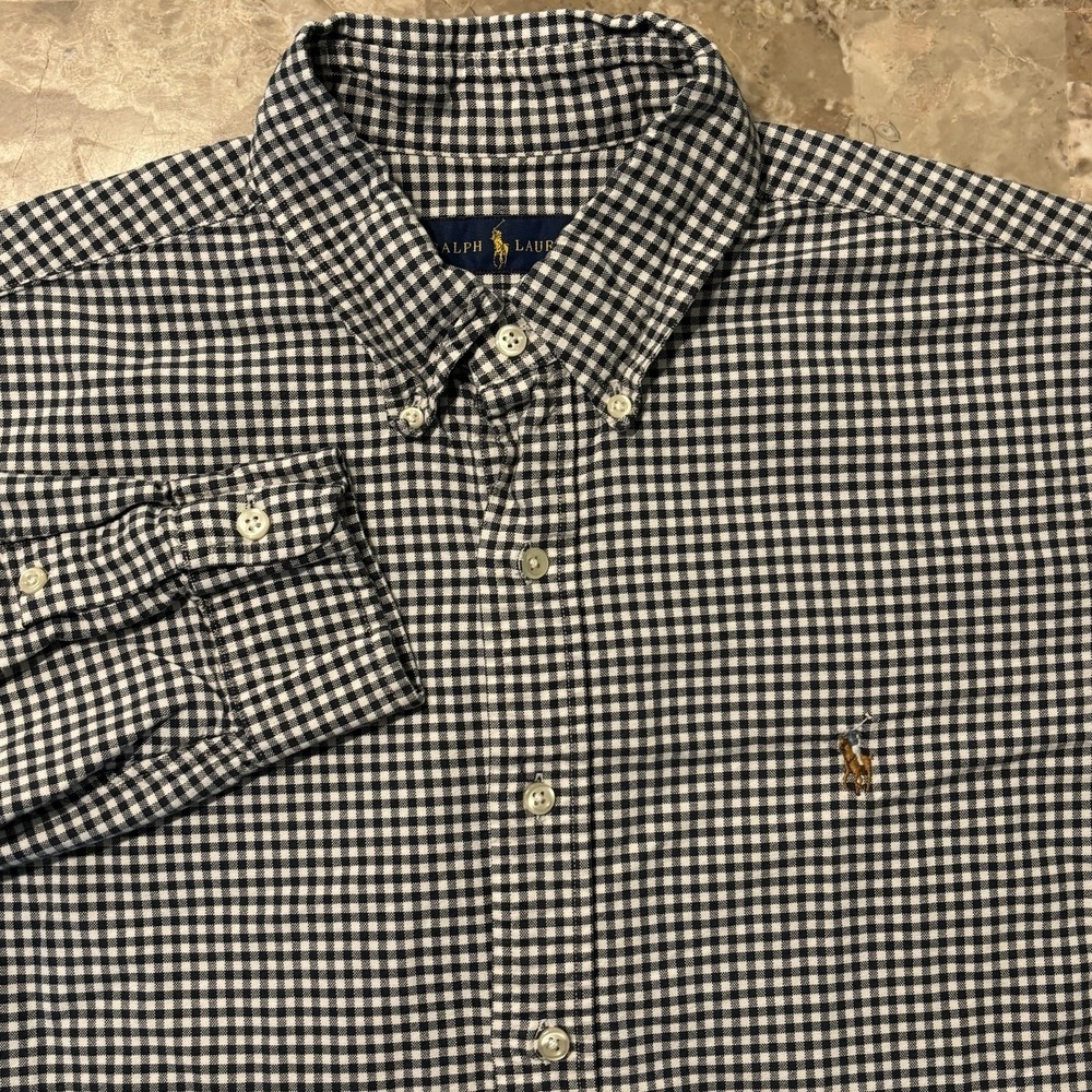 Polo Ralph Lauren Shirt Mens Large Black Classic Fit Gingham Oxford OCBD
